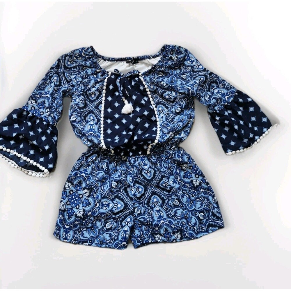 My Michelle Girls Romper Blue Patterned 3/4 Bell Sleeve One Piece Boho Sz S EUC